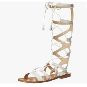 YDN Women Knee High Lace up Flats Fringe Low Heel Gladiator Strap White Shoes